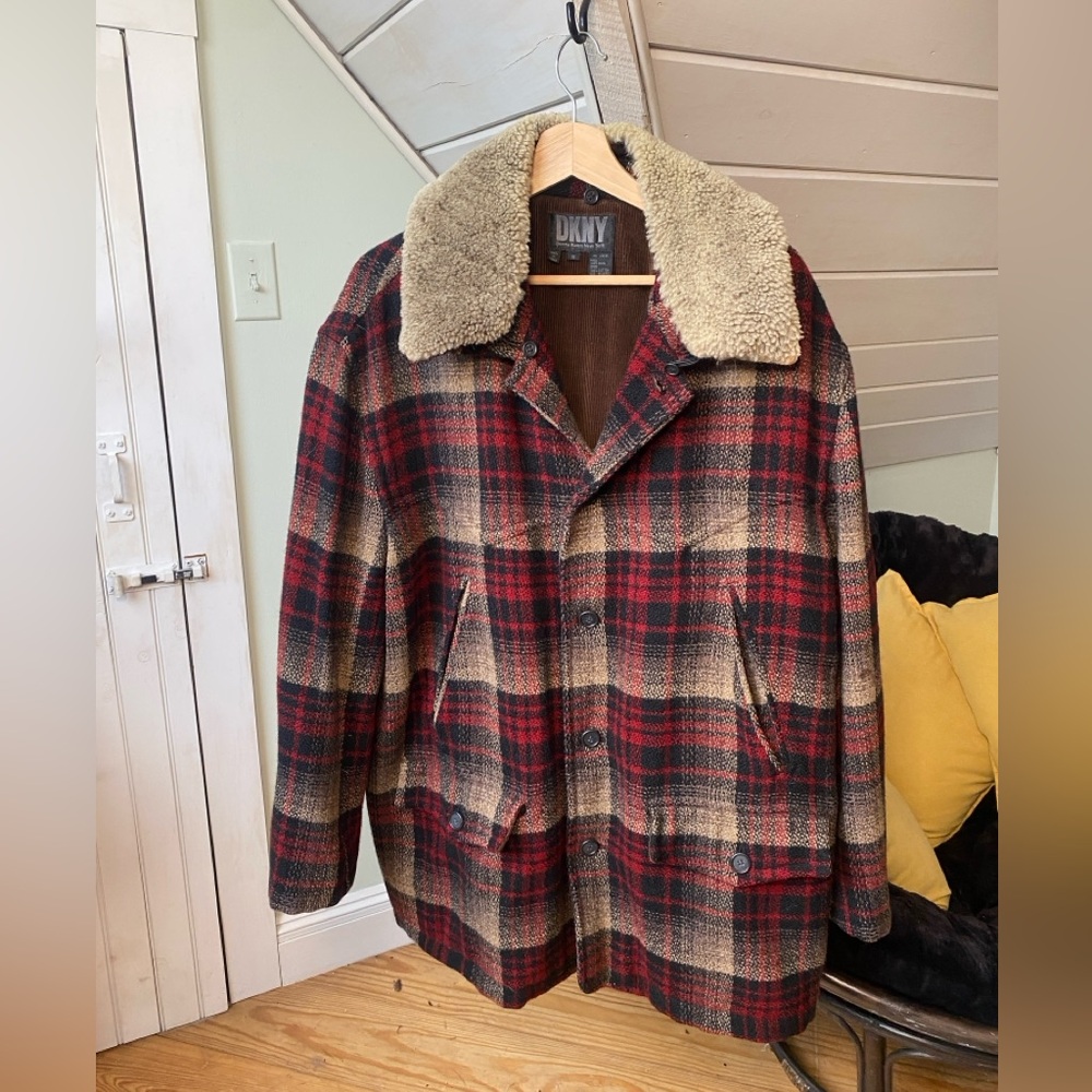 DKNY Donna Karan New York 100% Wool Plaid Coat Corduroy Removable Collar Small
